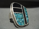 Huge Vintage Navajo Turquoise Onyx Inlay Native American Jewelry Silver Ring Old-Nativo Arts