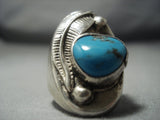 Huge Vintage Navajo Turquoise Sterling Native American Jewelry Silver Feather Ring Old-Nativo Arts