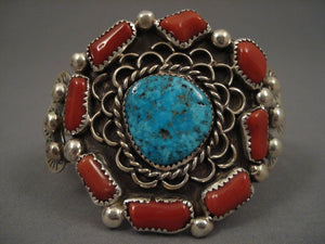 Huge Vintage Navajo/ Zuni Turquoise Coral Native American Jewelry Silver Bracelet'-Nativo Arts