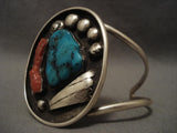 Huge Vintage Zuni Dan Simplicio Turquoise Coral Native American Jewelry Silver Bracelet-Nativo Arts