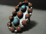 Huge Vintage Zuni/ Navajo 'Coral Turquoise Snake Eyes' Native American Jewelry Silver Ring-Nativo Arts