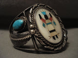 Huge Vintage Zuni/ Navajo Dancing Kachina Turquoise Native American Jewelry Silver Leaf Bracelet-Nativo Arts