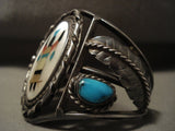 Huge Vintage Zuni/ Navajo Dancing Kachina Turquoise Native American Jewelry Silver Leaf Bracelet-Nativo Arts