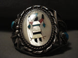 Huge Vintage Zuni/ Navajo Dancing Kachina Turquoise Native American Jewelry Silver Leaf Bracelet-Nativo Arts