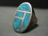 Huge Vintage Zuni/ Navajo Turquoise Channel Native American Jewelry Silver Ring-Nativo Arts