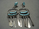 Huge Vintage Zuni 'Turquoise Snake Eyes' Dangling Native American Jewelry Silver Earrings-Nativo Arts