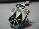 Huge Vintage Zuni Turquoise Sterling Silver Inlay Native American Ring Old-Nativo Arts