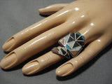Huge Vintage Zuni Turquoise Sterling Silver Inlay Native American Ring Old-Nativo Arts