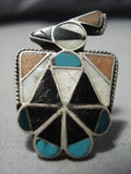 Huge Vintage Zuni Turquoise Sterling Silver Inlay Native American Ring Old-Nativo Arts
