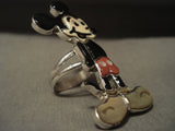 Huge Zuni Sterling Native American Jewelry Silver Coral Onyx Mickey Mouse Native American Jewelry Silver Ring-Nativo Arts