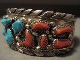 Hvy And Thick Chunky Vintage Zuni Turquoise Coral Native American Jewelry Silver Bracelet-Nativo Arts