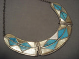 Hvy And Very Old Vintage Zuni Turquoise Pearl Inlay Native American Jewelry Silver Necklace-Nativo Arts