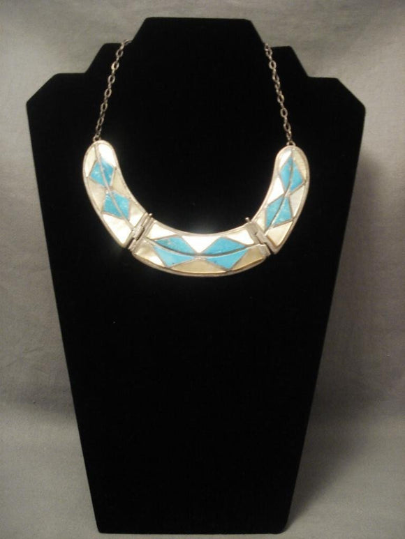 Hvy And Very Old Vintage Zuni Turquoise Pearl Inlay Native American Jewelry Silver Necklace-Nativo Arts