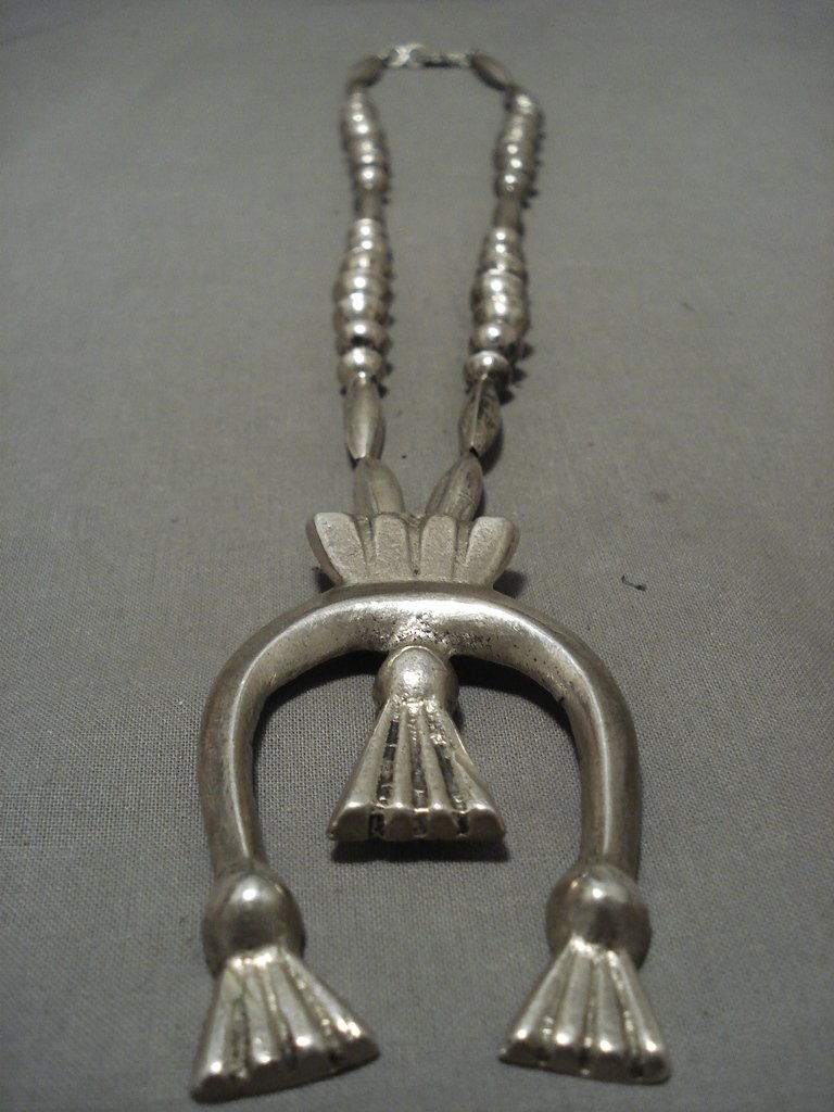 Hvy Vintage Navajo Native American Jewelry Silver Long Naja Necklace Old