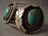 Hvy Vintage Navajo stone & Leaf Turquoise Native American Jewelry Silver Bracelet Old-Nativo Arts