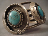 Hvy Vintage Navajo stone & Leaf Turquoise Native American Jewelry Silver Bracelet Old-Nativo Arts