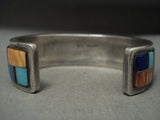 Hvy Vintage Navajo Turquoise Lapis Shell Native American Jewelry Silver Inlaid Bracelet Old-Nativo Arts