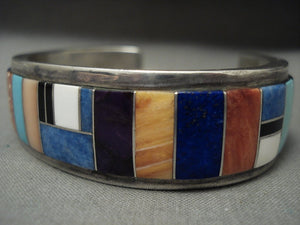Hvy Vintage Navajo Turquoise Lapis Shell Native American Jewelry Silver Inlaid Bracelet Old-Nativo Arts
