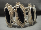 Hvy Wide Vintage Navajo 'Leaves And Onyx' Native American Jewelry Silver Bracelet Old Pawn-Nativo Arts