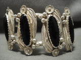 Hvy Wide Vintage Navajo 'Leaves And Onyx' Native American Jewelry Silver Bracelet Old Pawn-Nativo Arts