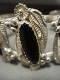 Hvy Wide Vintage Navajo 'Leaves And Onyx' Native American Jewelry Silver Bracelet Old Pawn-Nativo Arts