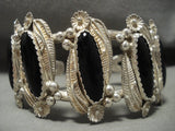 Hvy Wide Vintage Navajo 'Leaves And Onyx' Native American Jewelry Silver Bracelet Old Pawn-Nativo Arts