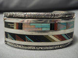 Important 1980's Vintage Native American Zuni Slanted Turquoise Inlay Sterling Silver Bracelet-Nativo Arts