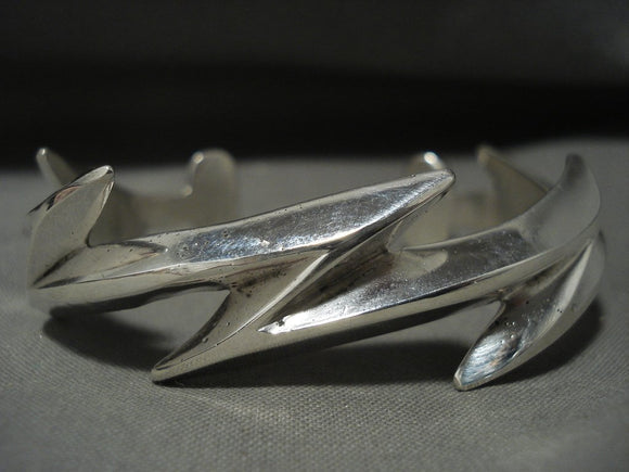 Important Aaron Anderson 'Lightning Bolt' Native American Jewelry Silver Navajo Bracelet-Nativo Arts