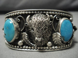 Important Al Kee Vintage Native American Navajo Turquoise Sterling Silver Buffalo Bracelet Old-Nativo Arts