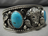 Important Al Kee Vintage Native American Navajo Turquoise Sterling Silver Buffalo Bracelet Old-Nativo Arts