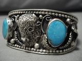 Important Al Kee Vintage Native American Navajo Turquoise Sterling Silver Buffalo Bracelet Old-Nativo Arts