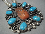Important Ange Miler Vintage Native American Navajo Turquoise Coral Sterling Silver Necklace Old-Nativo Arts