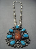 Important Ange Miler Vintage Native American Navajo Turquoise Coral Sterling Silver Necklace Old-Nativo Arts