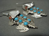 Important Benny Yazzie Toad Turquoise Coral Native American Jewelry Silver Earrings-Nativo Arts
