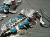 Important Benny Yazzie Toad Turquoise Coral Native American Jewelry Silver Earrings-Nativo Arts