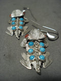 Important Benny Yazzie Toad Turquoise Coral Native American Jewelry Silver Earrings-Nativo Arts