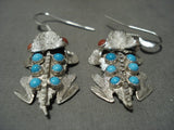 Important Benny Yazzie Toad Turquoise Coral Native American Jewelry Silver Earrings-Nativo Arts