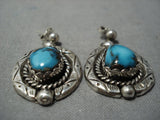 Important Blue Thunder Turquoise Vintage Native American Jewelry Navajo Sterling Silver Earrings-Nativo Arts