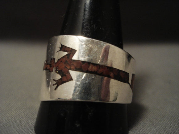 Important Cultural Vintage Navajo Yei Native American Jewelry Silver Coral Ring-Nativo Arts