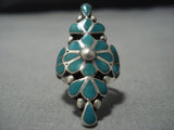 Important Earlier Vintage Native American Jewelry Zuni Dishta Turquoise Inlay Sterling Silver Ring Old-Nativo Arts