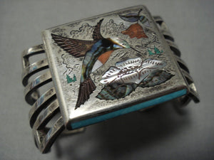 Important Henry Barber Vintage Native American Jewelry Navajo Turquoise Sterling Silver Inlay Bracelet-Nativo Arts