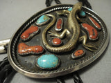Important Huge Gold And Chunk Coral Gecko Vintage Navajo Native American Jewelry Silver Bolo Tie-Nativo Arts