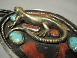 Important Huge Gold And Chunk Coral Gecko Vintage Navajo Native American Jewelry Silver Bolo Tie-Nativo Arts