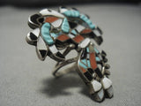 Important Huge Vintage Native American Zuni Eagle Dancer Turquoise Inlay Sterling Silver Ring-Nativo Arts