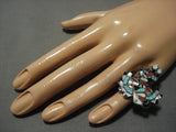 Important Huge Vintage Native American Zuni Eagle Dancer Turquoise Inlay Sterling Silver Ring-Nativo Arts