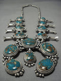 Important Native American Navajo Candelaria Turquoise Sterling Silver Squash Blossom Necklace-Nativo Arts