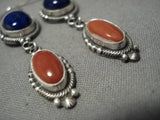 Important Native American Navajo Sterling Silver Lapis Coral Earrings-Nativo Arts