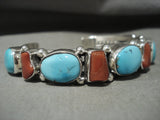 Important Navajo 'Master Guild Stamped' Chunk Turquoise Coral Native American Jewelry Silver Bracelet-Nativo Arts