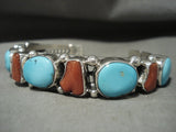 Important Navajo 'Master Guild Stamped' Chunk Turquoise Coral Native American Jewelry Silver Bracelet-Nativo Arts