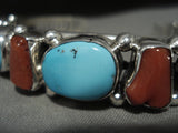 Important Navajo 'Master Guild Stamped' Chunk Turquoise Coral Native American Jewelry Silver Bracelet-Nativo Arts